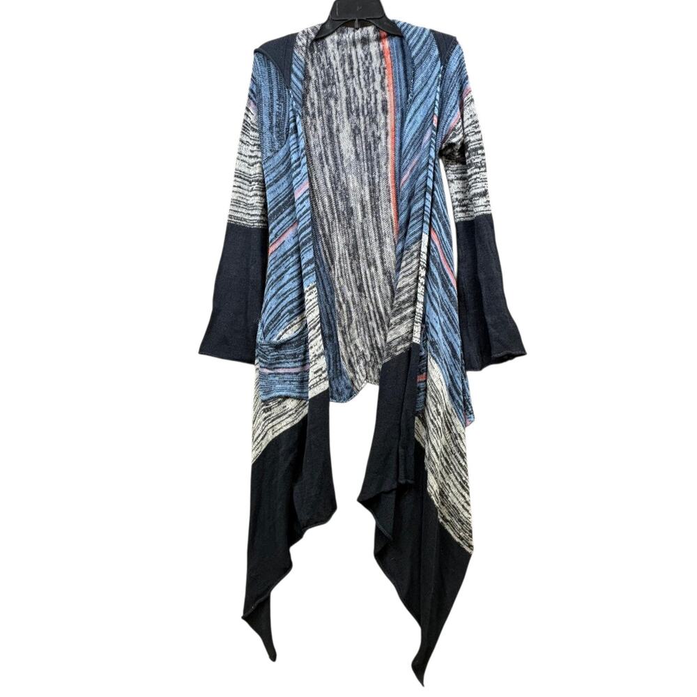 Elan Cardigan Sweater Womens Sz M Multicolor Stripe Hooded Open Front Drape Hem